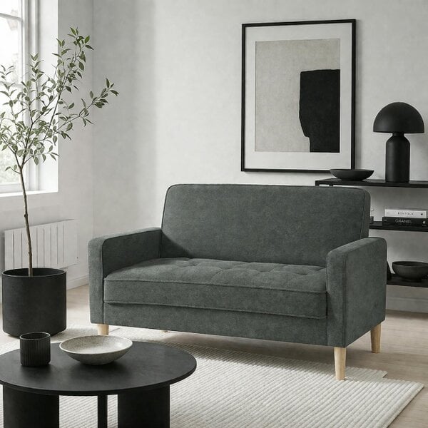 Wyld Haus Pafa Dark Grey Velvet  Upholstered 2 Seater Sofa Natural Wooden Legs