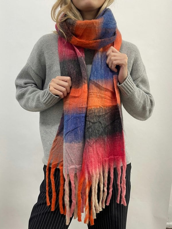 SVNX Soft Chunky Checked Scarf with Tassels in Blue Berry