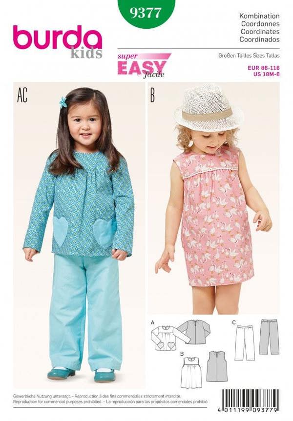 Burda Sewing Pattern 9377 Dresses, Trousers and Tops For Kids, 18 Months - 6 Years - Easy