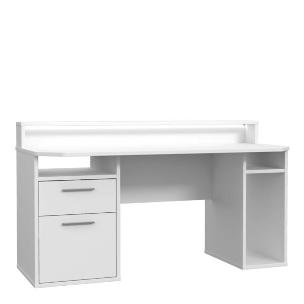 Wyld Haus Valencia White Gaming Desk with LED Strip Lighting and Storage Features