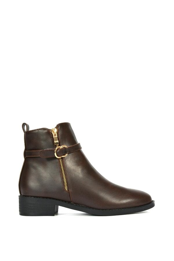 XY LONDON Flat Low Heel Ankle Booties With Decorative Buckle and Zip - Brown