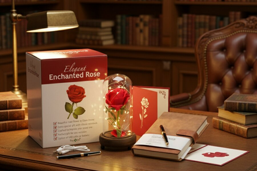 smartbies Enchanted Rose in Glass Gift set With Notebook USB Cable or Battery Powered