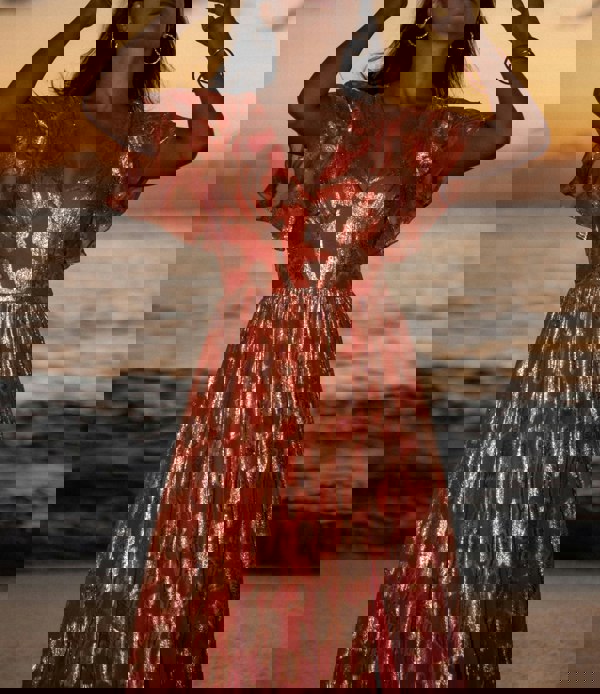 Gini London Orange Metallic Jacquard Flutter Sleeves Floral Maxi Dress