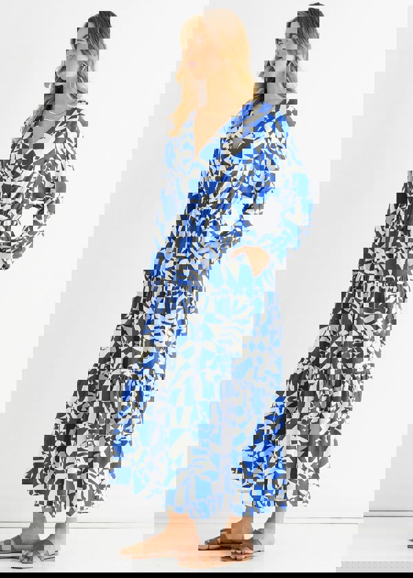 Gini London Blue Abstract Wrap Elasticated Waist Midaxi Dress