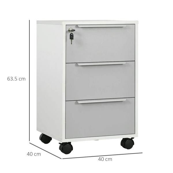 White and grey three-drawer locking filing cabinet with key lock and four caster wheels