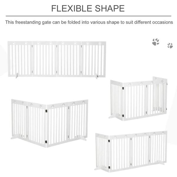 White foldable wooden pet gate shown in multiple folded shapes for placement flexibility