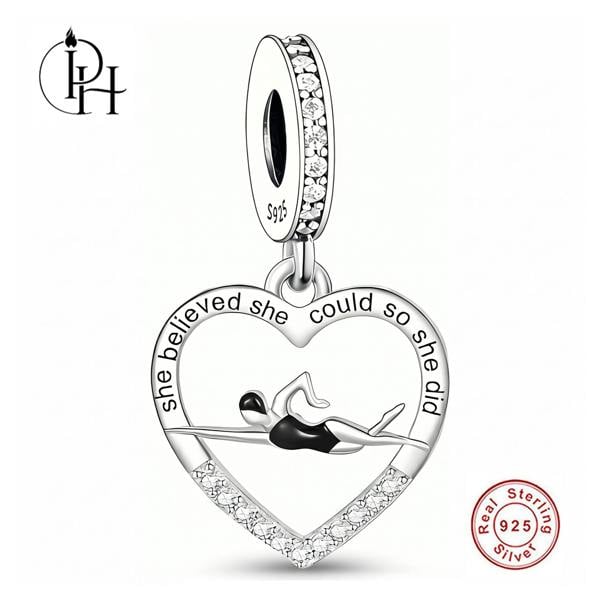 Parus Home Swimmer Charm Pandora Compatible 925 Sterling Silver Heart Dangle, Water Sport Jewellery For Bracelet