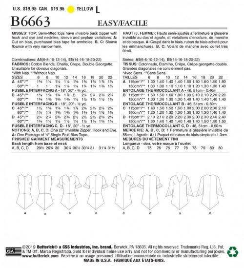Butterick Sewing Pattern 6663, Tops for Women, A5 (6-8-10-12-14) - Easy