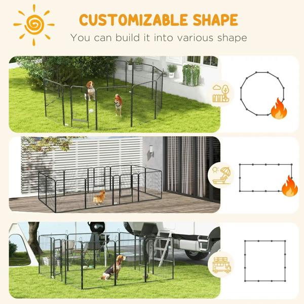 Adjustable puppy playpen enclosure shown in multiple shapes with metal panels