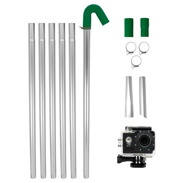 Gutter vacuum poles in silver aluminum with a green curved attachment, camera, and various connectors for efficient cleaning