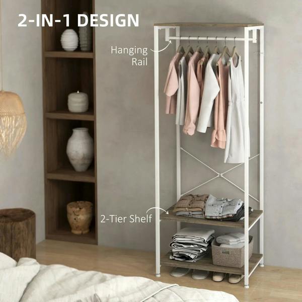 White 2-in-1 coat rack with hanging rail and two-tier grey shelf for shoes