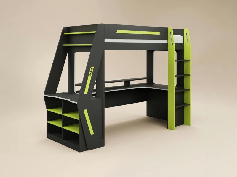Recoil Alister Gaming High Sleeper with Desk & Storage Charcoal & Green
