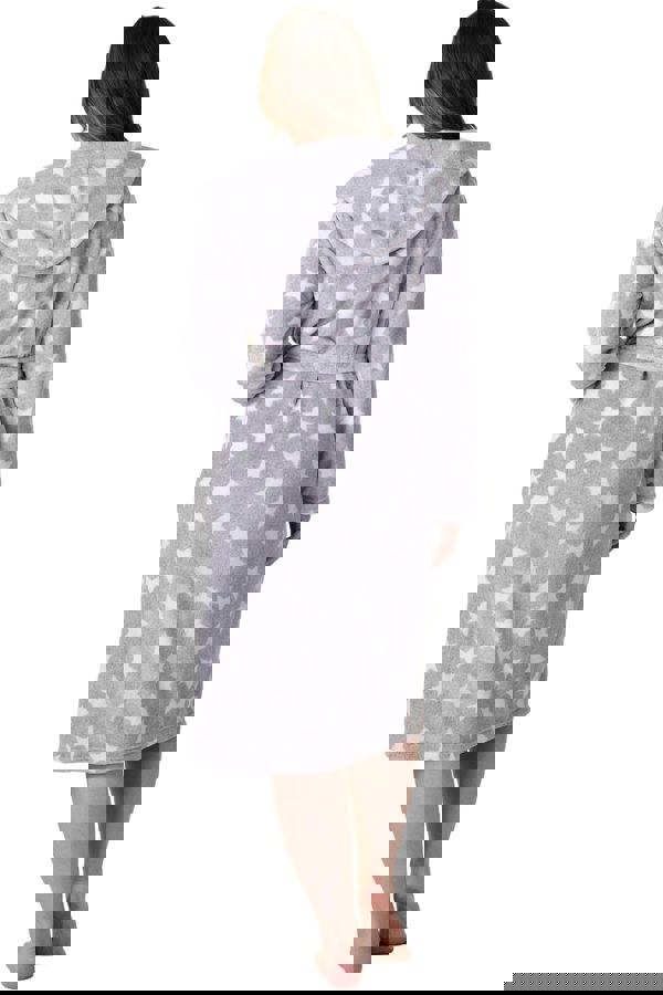 Camille Women's Grey Star Supersoft Fleece Hooded Calf Length Bathrobe