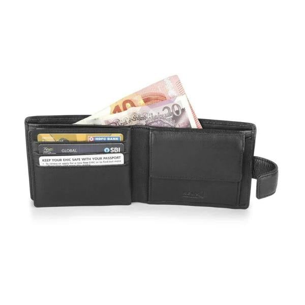 Organised view of Black leather wallet with money and cards on a white background
