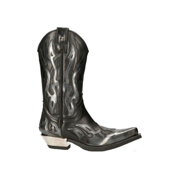 New Rock Flame Accented Black/Silver Leather Biker Cowboy Boots- M-7921-S3
