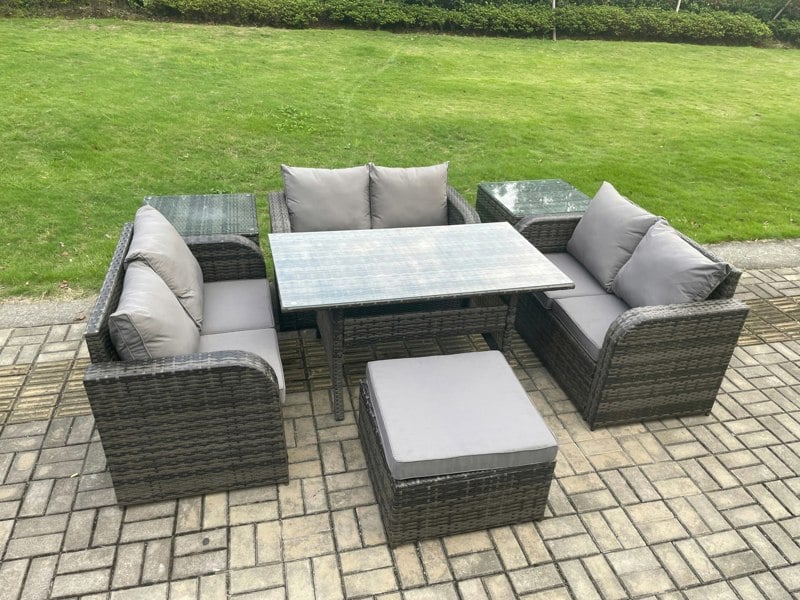 Fimous 7 Seater Outdoor Rattan Garden Furniture Set with Patio Rectangular Dining Table Love Sofa 2 Side Tables Big Footstool Dark Grey Mixed