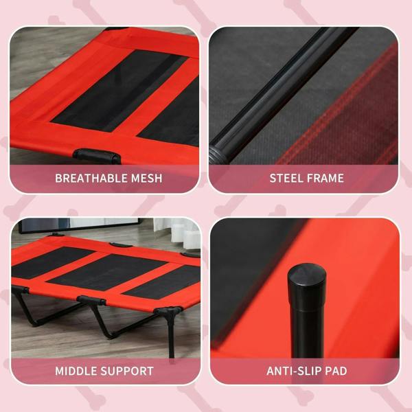Red elevated pet bed cot with breathable mesh and black steel frame details