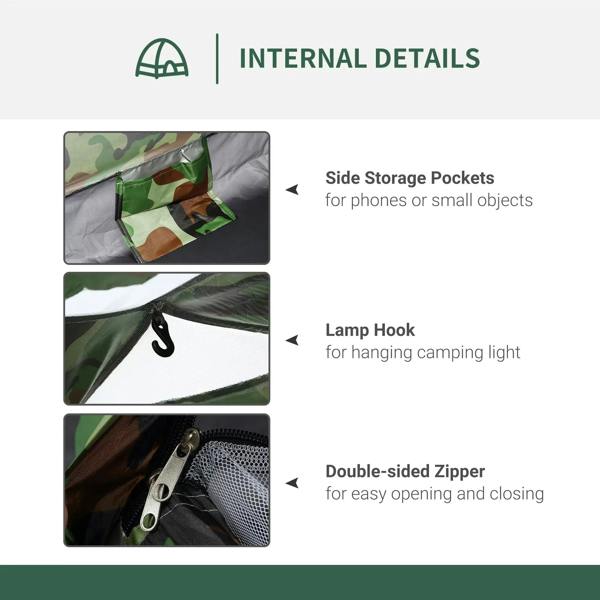 Camping tent interior features: side storage pockets, lamp hook, double-sided zipper