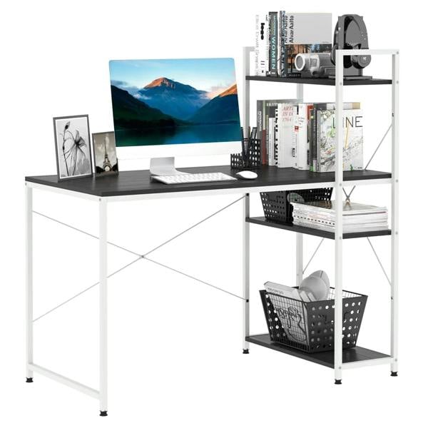 Black-top computer desk with white frame and 4-tier bookshelf storage for office supplies