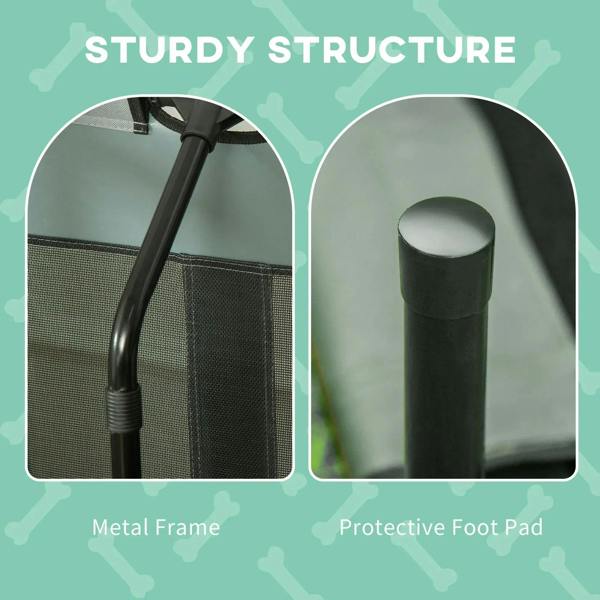 Sturdy black metal frame and protective foot pads for raised pet cot