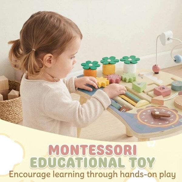 Wooden Baby Activity Table for 1-3 Years, 6-in-1 Montessori Activity Table with Gears, Bead Maze, Rotating Clock