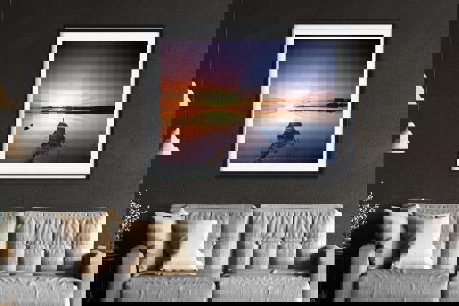 framed art print of jetty and lake at sunrise