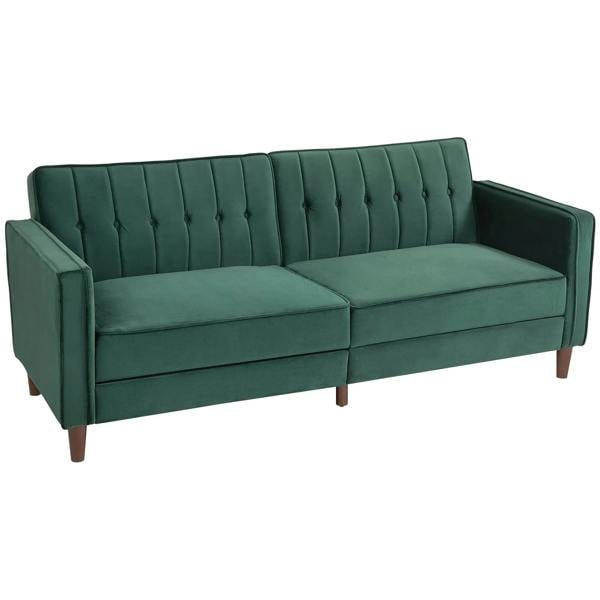 Green velvet-feel three-seater sofa bed with tufted backrest and split seat cushions