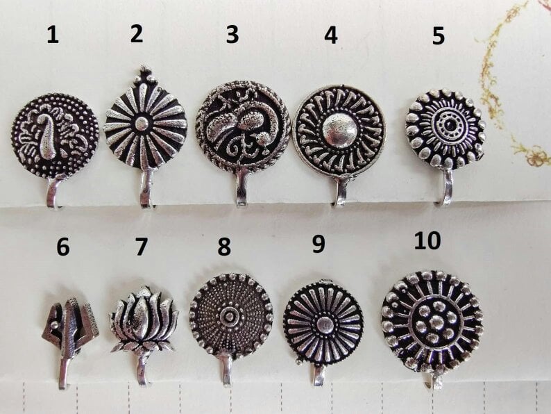 The Colourful Aura Multiple Design Simple Round Clip On Non Pierced Antique Boho Nose Pin
