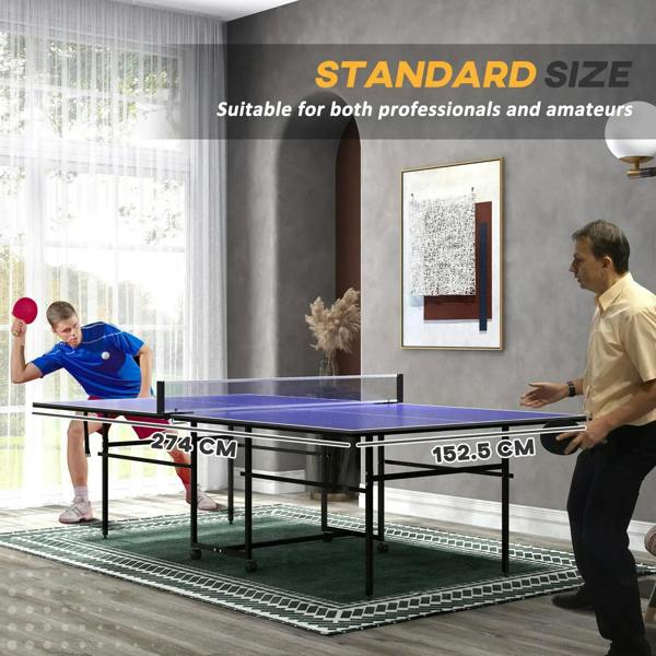 Blue folding table tennis table with net, shown ready for indoor play
