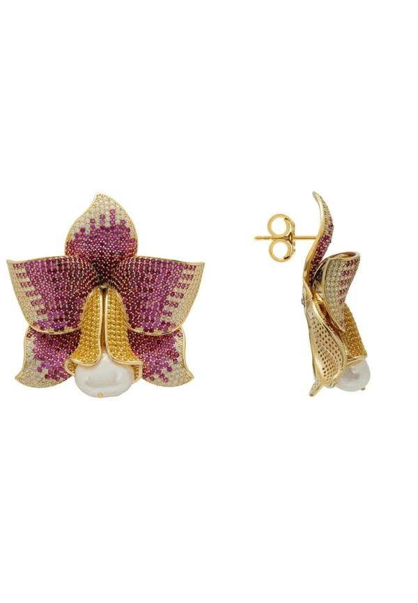 Daffodil With Pearl Earrings Gold Ruby CZ - LATELITA Earrings