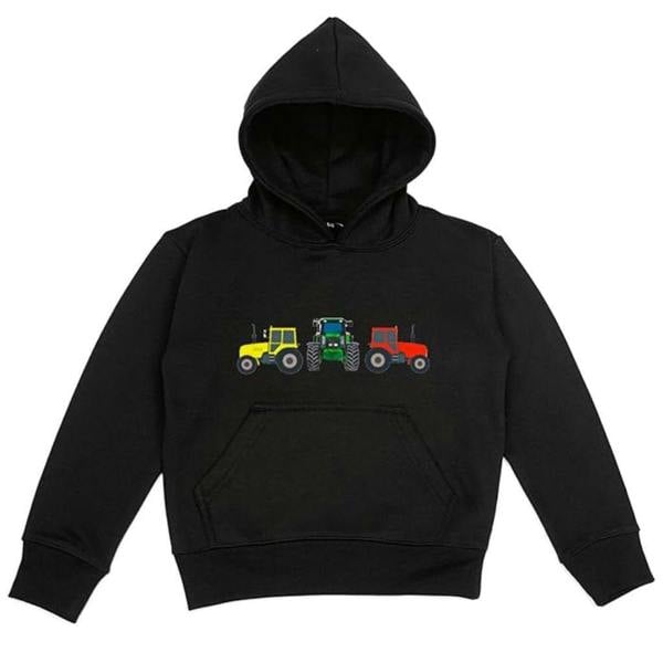 Kids Three Tractor Hoodie with bold embroidered red, green, and yellow tractors, ideal for young farm lovers