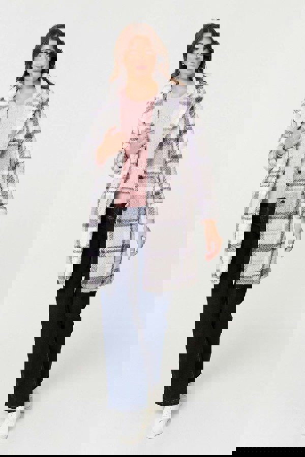 Grey | Checked Teddy Fur Thigh Length Jacket
