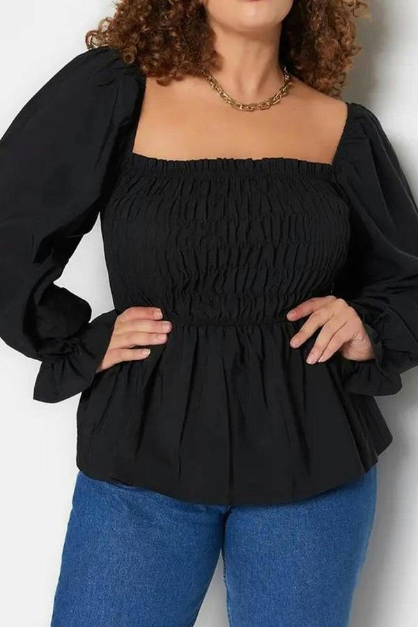 WOVCOR Square Neck Gathered Sleeves Woven Plus Size Blouse