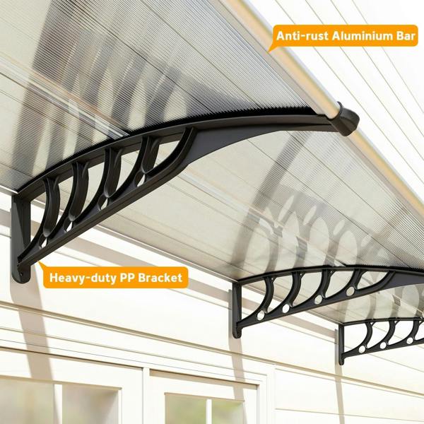 Clear awning with heavy-duty PP brackets and black frame for outdoor door or porch