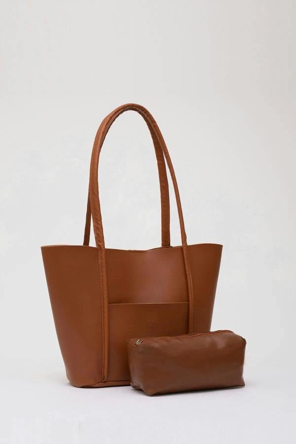 Hoxton Gal Large Faux Leather Tote & Shoulder Bag with Front Pocket, Snap Closure, and Matching Makeup Pouch