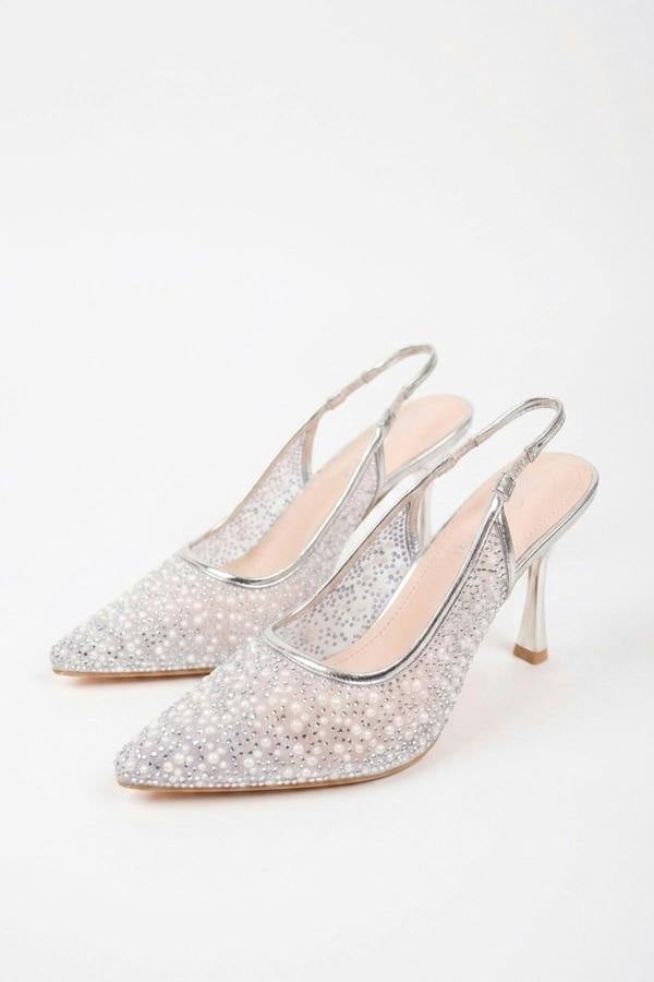 Cordelia Embellished Mesh Pointed Toe Heels - Silver