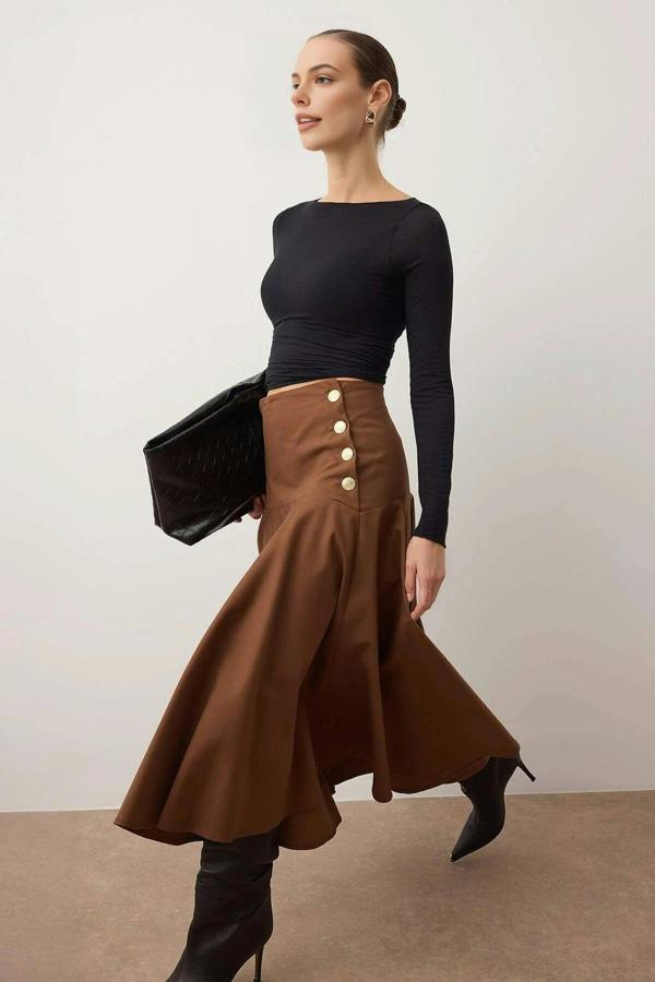 WOVCOR Midi Cotton Flared Skirt with Button Detail
