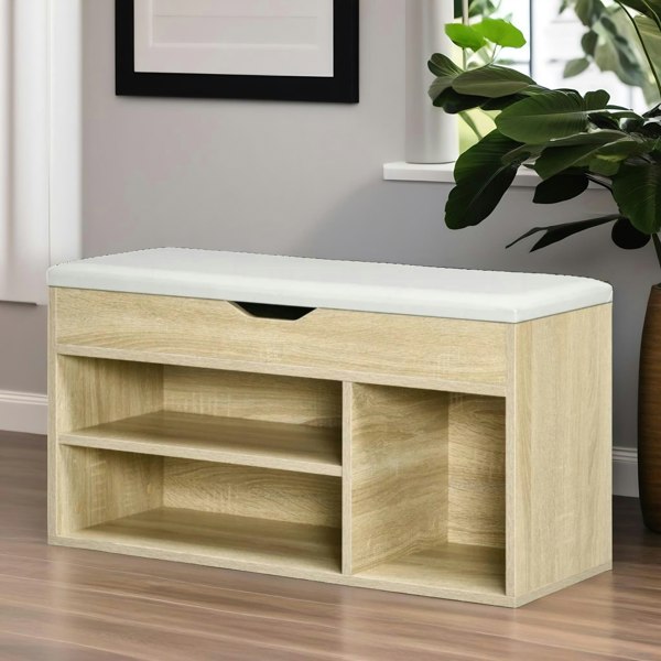 Rafaelo Mobilia Industrial Shoe Storage Bench With Cushion Seat Oak