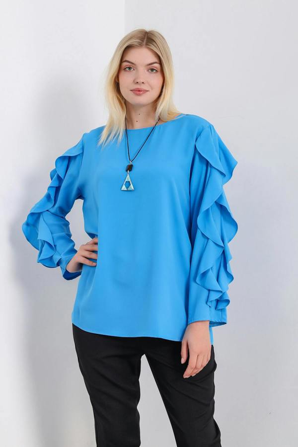 Hoxton Gal Oversized Ruffle Sleeve Relaxed Fit Top In Blue