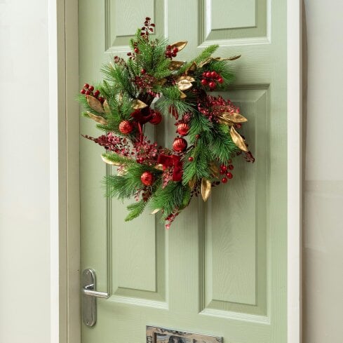 Samuel Alexander 38cm Ruby Velvet Christmas Wreath with Red Baubles, Berries & Bows