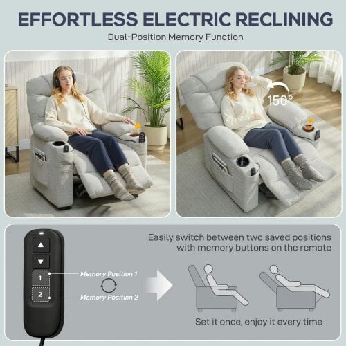 Bobobiy Electric Massage Recliner Armchair with Vibration, Whisper-Quiet Motor, Memory Function, Fleece Power Reclining Chair with Spring Pack, Grey