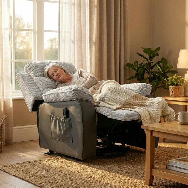 Power Lift Chair for Elderly, Corduroy Recliner with Wide Seat, High Back, USB Port, Side Pockets, Light Grey