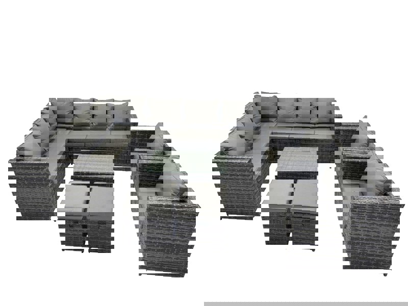 Fimous Outdoor Rattan Rectangular Coffee Table Corner Sofa Sets Garden Furniture Set with 2 Chairs 2 Small Stools Dark Grey Mixed