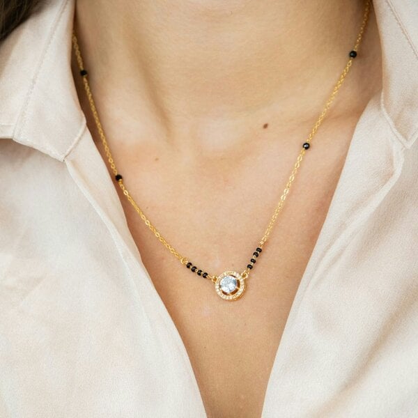The Colourful Aura Round Black Beaded Zircon 18ct Gold Plated Asian Mangalsutra Pendant Necklace
