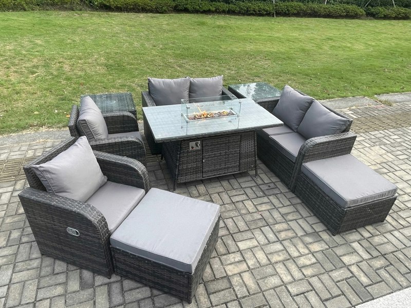 Fimous Rattan Outdoor Garden Furniture Set with Gas Fire Pit Table, 2 Sofas, 2 Reclining Chairs, 2 Side Tables, 2 Footstools - 8 Seater - Dark Grey