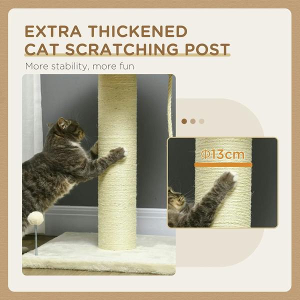Cream extra-thick sisal-wrapped scratching post with plush round bed and base