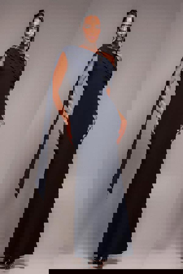 Sash One Shoulder Bardot Maxi Dress - Navy Blue DR4830