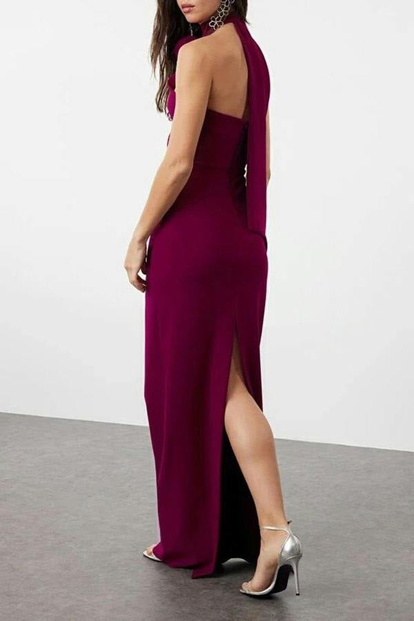 WOVCOR Woven Maxi Elegant Evening Dress with Rose Detail