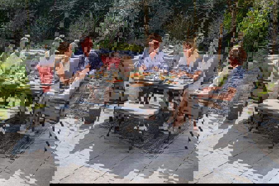 Garden Impressions Sergio - Lounge & Dining Corner Sofa, with Table, Bench and Optional Chair - Light Grey Cushions