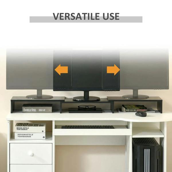 Black monitor stand riser supporting three displays with central gap
